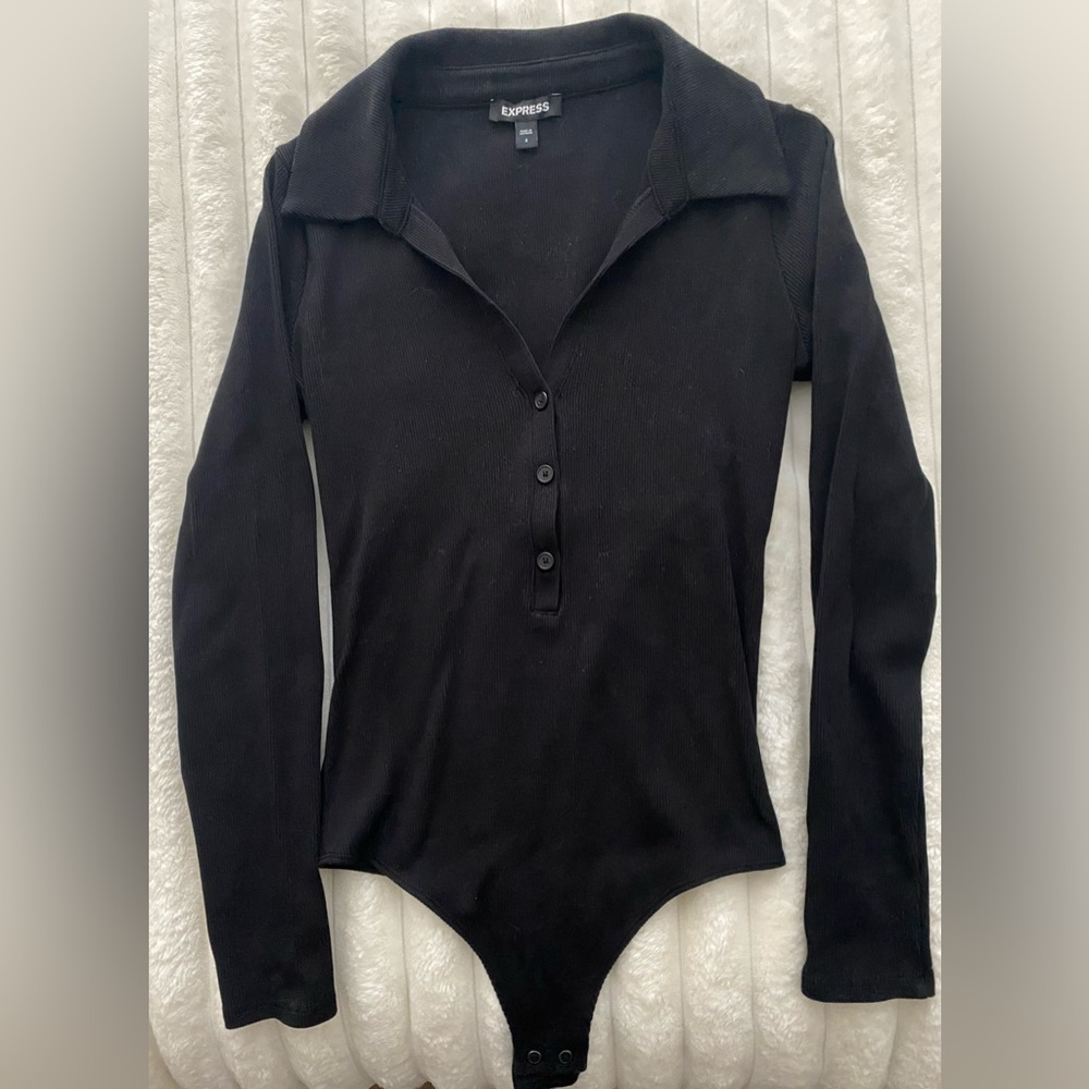 (2) Express Women’s Ribbed V-Neck Collar Bodysuits Shirt Black Size S - Picture 5 of 6